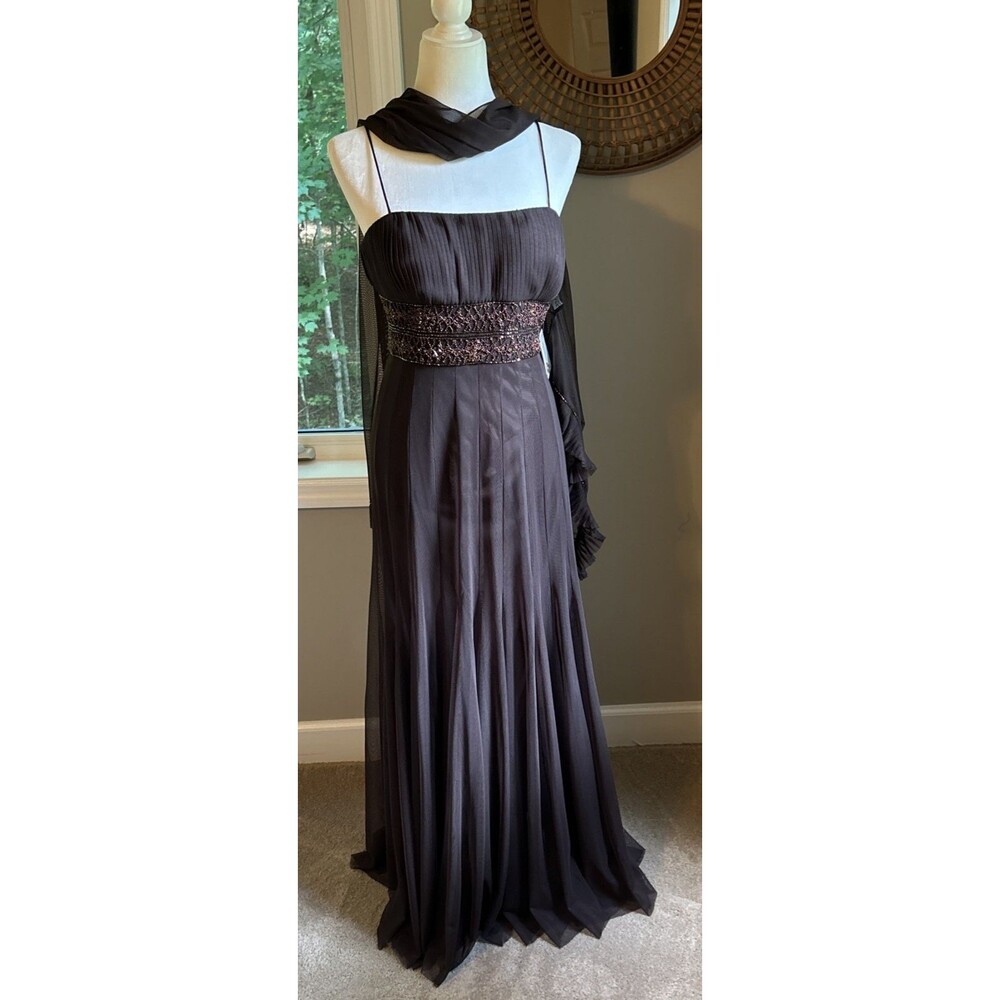 Y2K XSCAPE Beaded Gown Maxi Dress Scarf Sz 8 Chocolate Brown Lined Elegant NWT